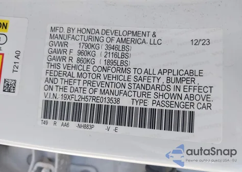 2024 Honda Civic Lx from USA, damaged, VIN 19XFL2H57RE013538
